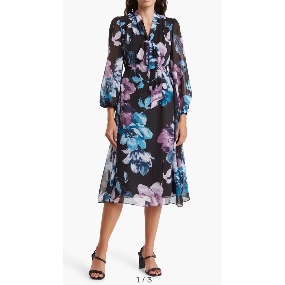 Donna Ricco Floral Tie Neck Long Sleeve Dress